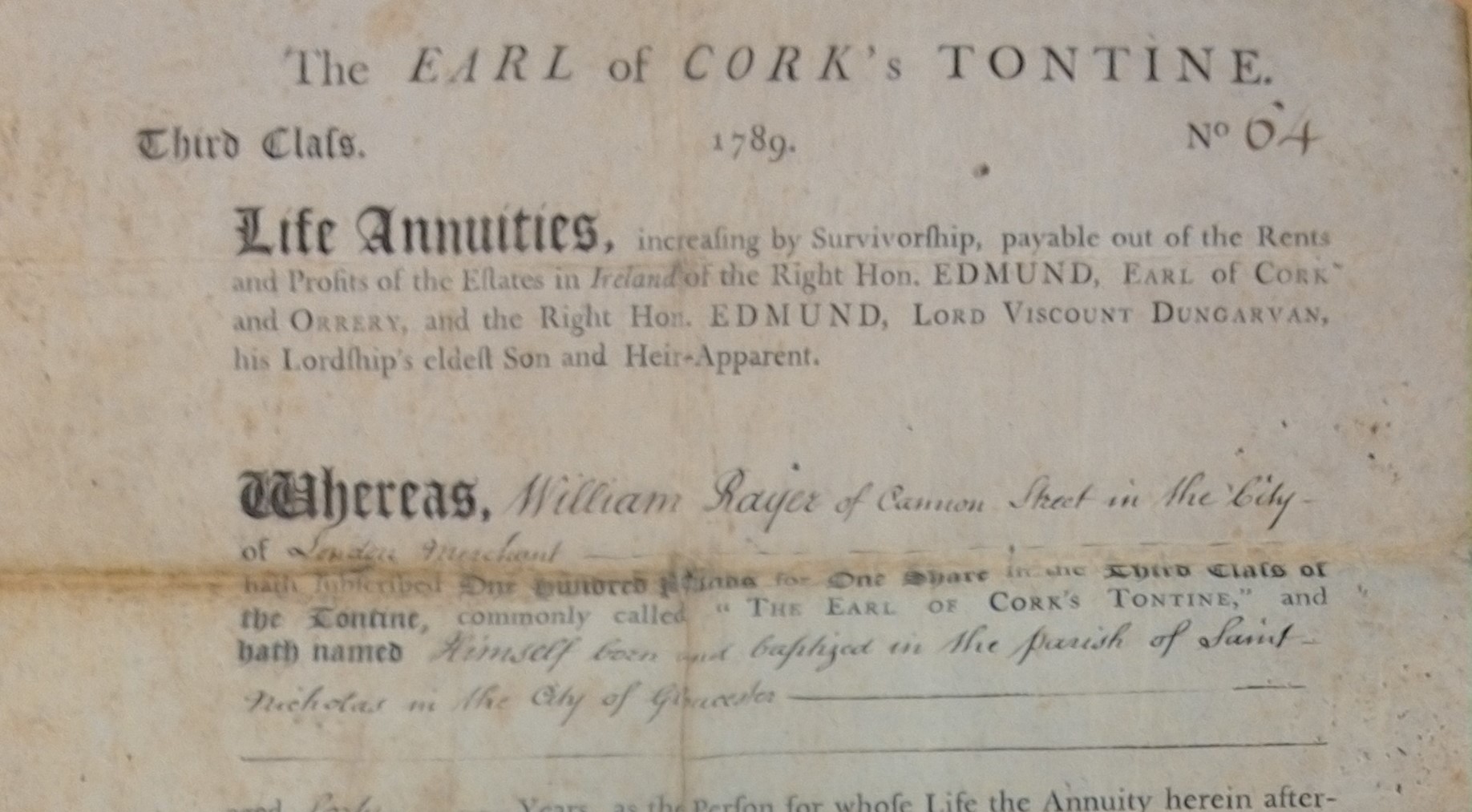 Earl of Cork Tontine share 1789